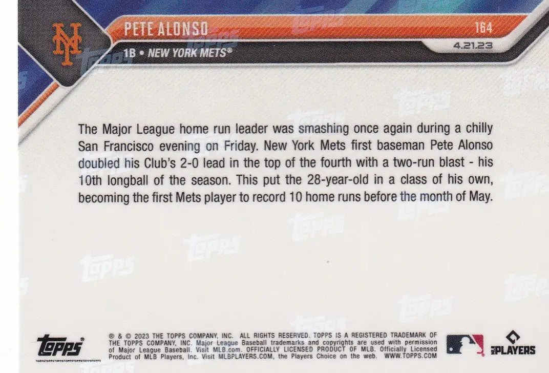 2023 TOPPS NOW #164 PETE ALONSO- NEW YORK METS - Baseball Card Single