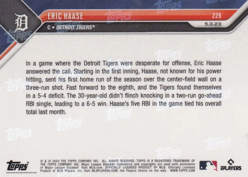 2023 TOPPS NOW #226 ERIC HAASE- DETROIT TIGERS - Baseball Card Single