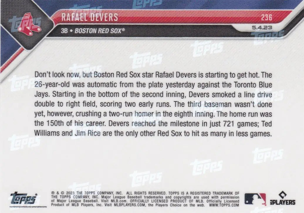 2023 TOPPS NOW #236 RAFAEL DEVERS- BOSTON RED SOX - Baseball Card Single