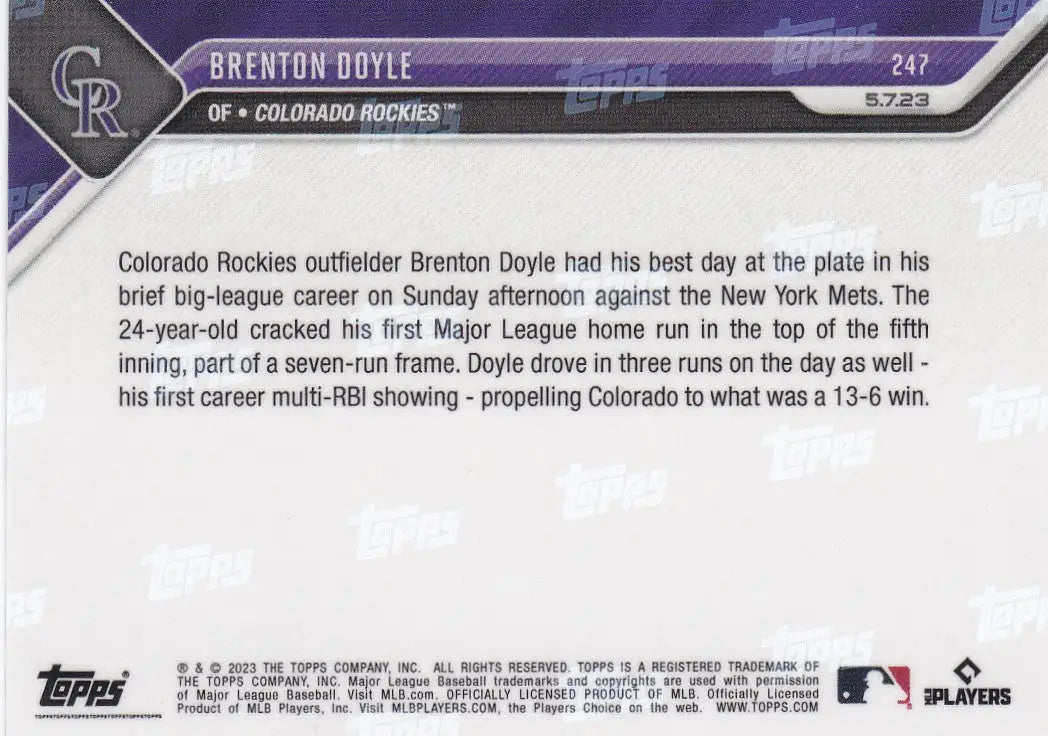 2023 TOPPS NOW #247 BRENTON DOYLE- COLORADO ROCKIES - Baseball Card Single