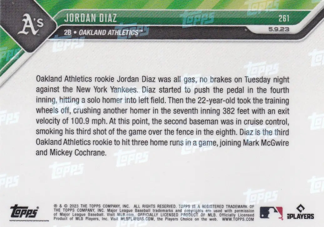 2023 TOPPS NOW #261 JORDAN DIAZ- OAKLAND ATHELTICS - Baseball Card Single