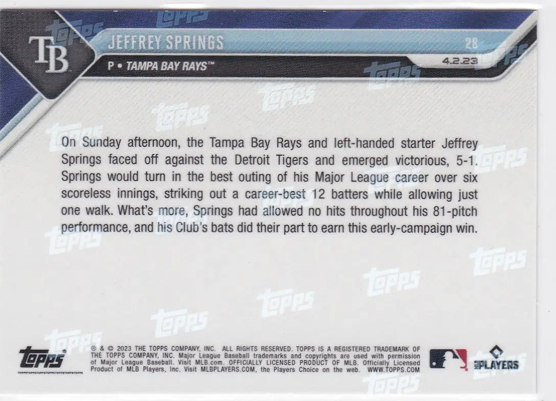 2023 TOPPS NOW #28 JEFFREY SPRINGS- TAMPA BAY RAYS - Baseball Card Single