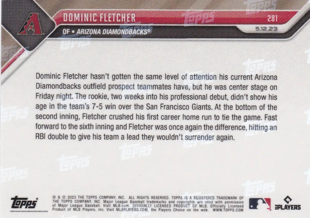2023 TOPPS NOW #281 DOMINIC FLETCHER- ARIZONA DIAMONDBACKS - Baseball Card Single