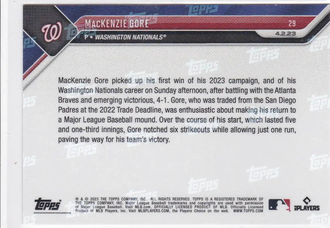 2023 TOPPS NOW #29 MACKENZIE GORE- WASHINGTON NATIONALS - Baseball Card Single