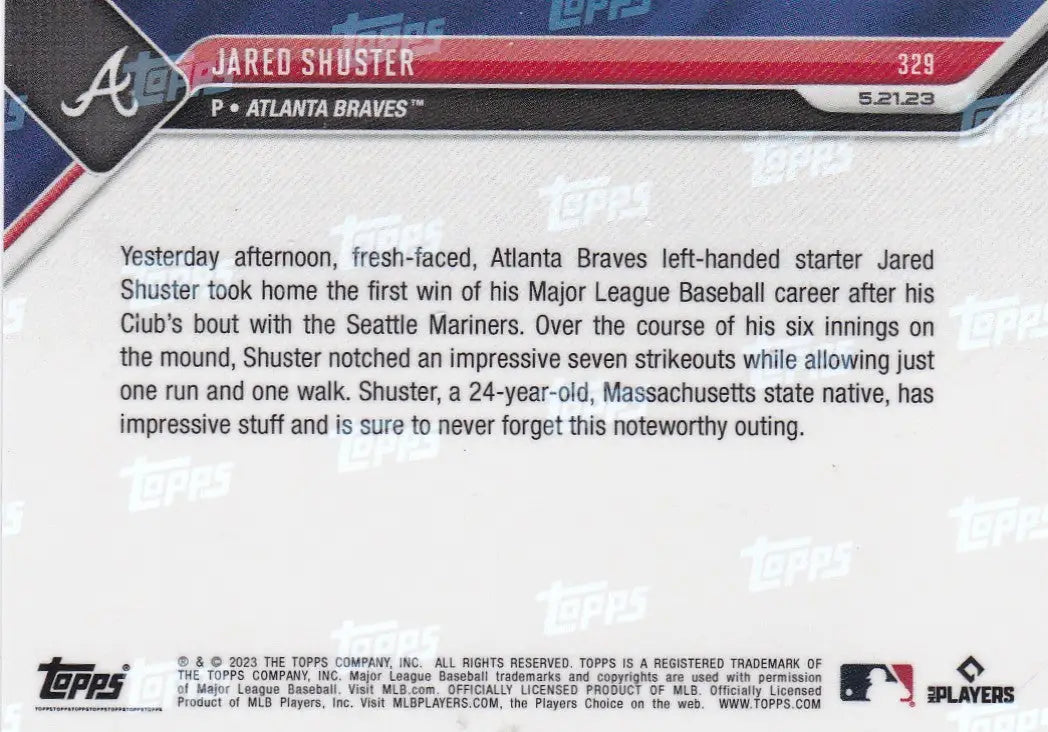 2023 TOPPS NOW #329 JARED SHUSTER- ATLANTA BRAVES - Baseball Card Single