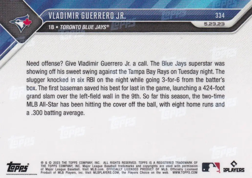 2023 TOPPS NOW #334 VLADIMIR GUERRERO JR- TORONTO BLUE JAYS - Baseball Card Single
