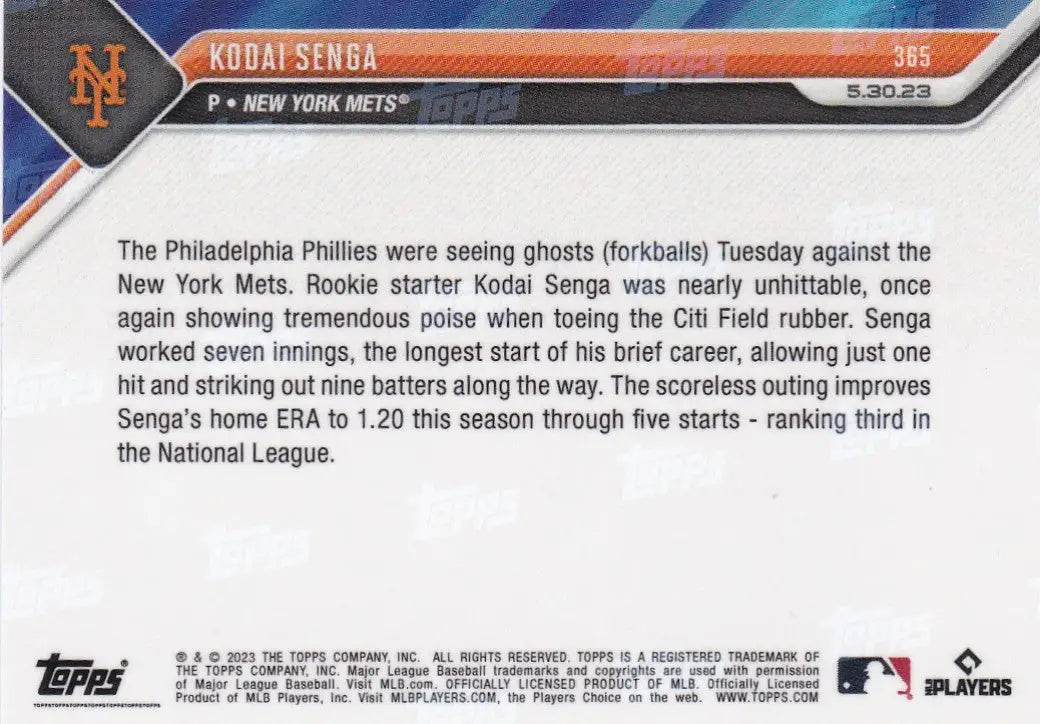 2023 TOPPS NOW #365 KODAI SENGA- NEW YORK METS - Baseball Card Single