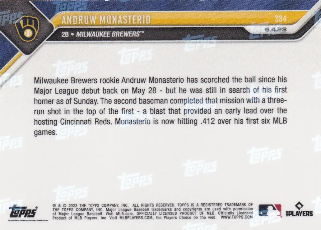 2023 TOPPS NOW #384 ANDRUW MONASTERIO- MILWAUKEE BREWERS - Baseball Card Single