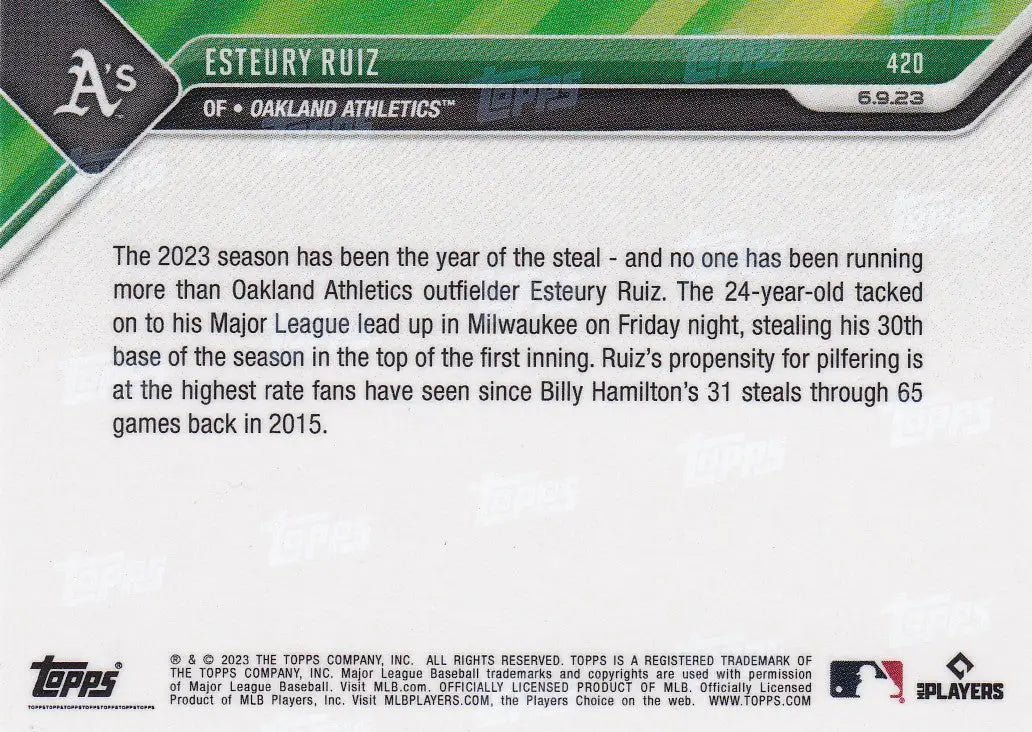 2023 TOPPS NOW #420 ESTEURY RUIZ- OAKLAND ATHELTICS - Baseball Card Single