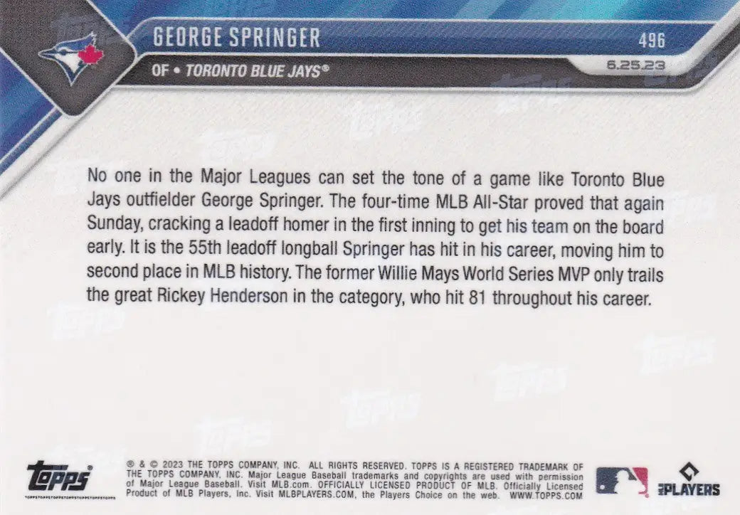 2023 TOPPS NOW #496 GEORGE SPRINGER- TORONTO BLUE JAYS - Baseball Card Single