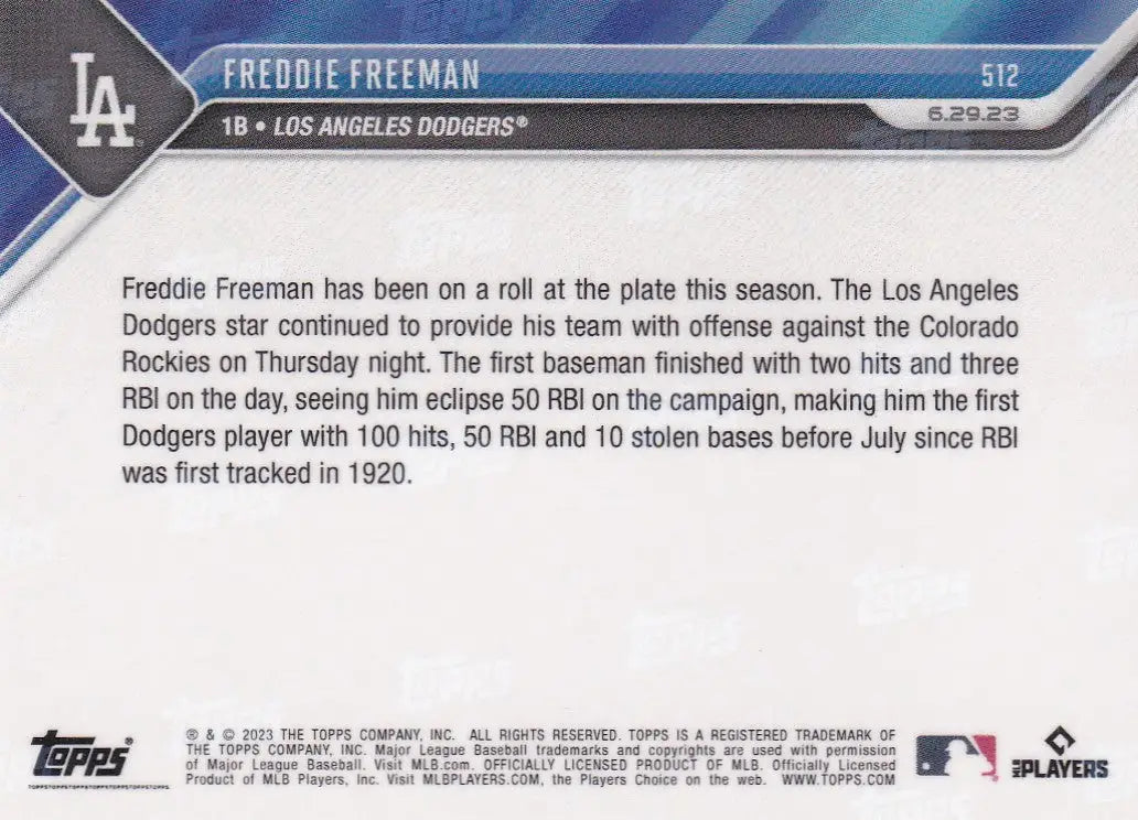 2023 TOPPS NOW #512 FREDDIE FREEMAN- LOS ANGELES DODGERS - Baseball Card Single