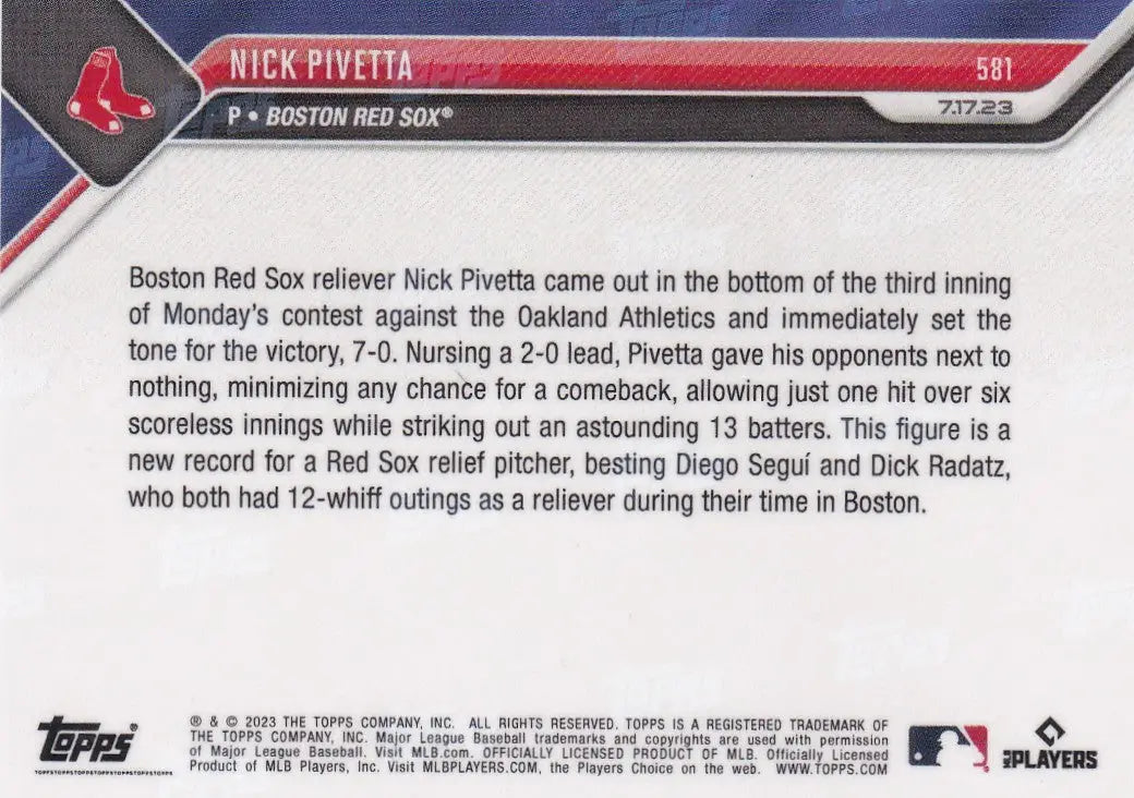 2023 TOPPS NOW #581 NICK PIVETTA- BOSTON RED SOX - Baseball Card Single