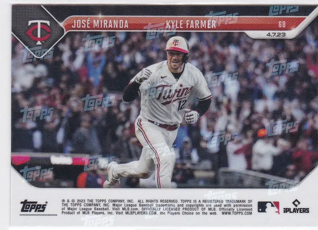 Baseball trading card of Jose Miranda and Kyle Farmer Minnesota Twins player running field