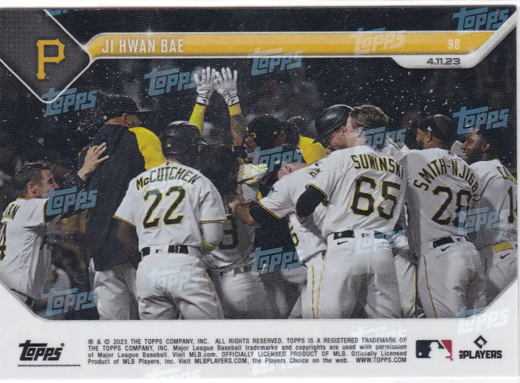 Baseball trading card featuring Pittsburgh Pirates celebration with Ji Hwan Bae 2023 TOPPS NOW