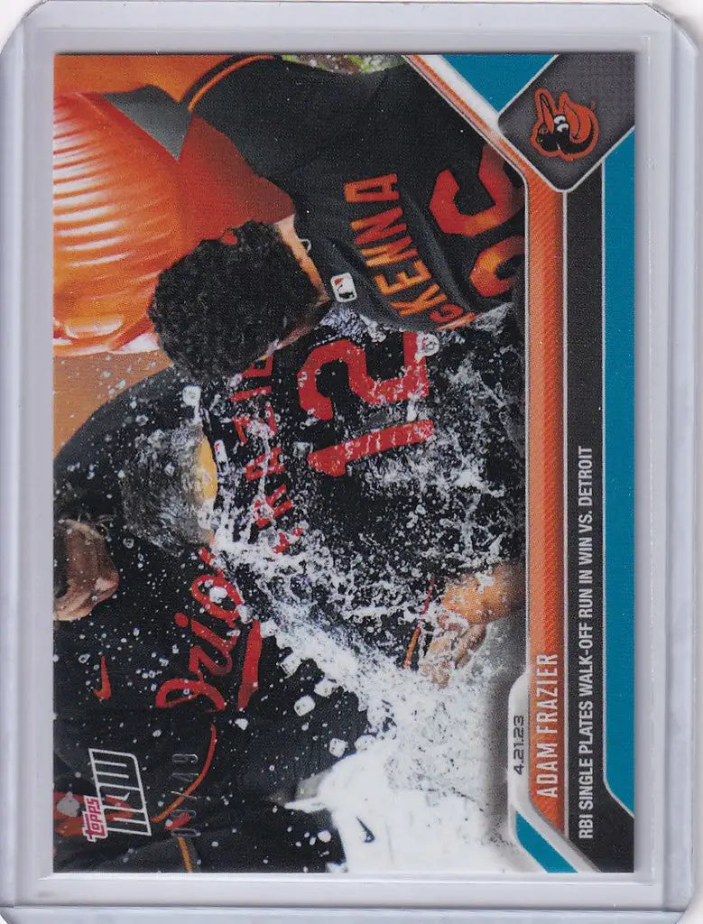Baseball trading card of Adam Frazier splashing through water for Baltimore Orioles