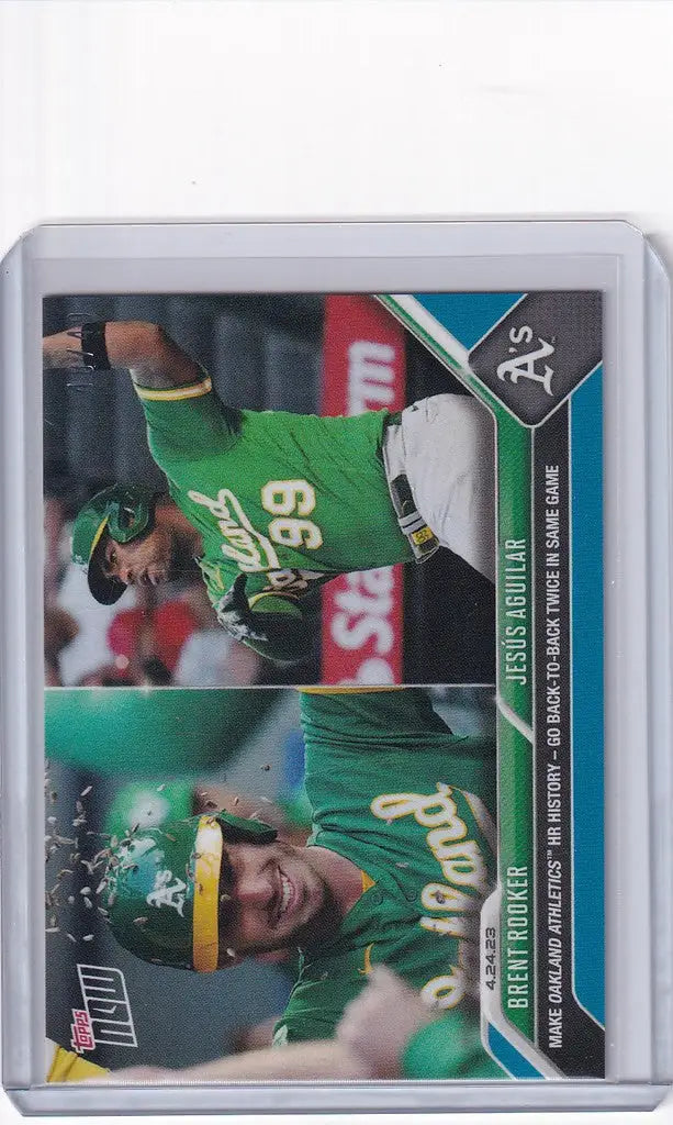 Baseball trading card of Brent Rooker and Jesus Aguilar in Oakland Athletics uniforms