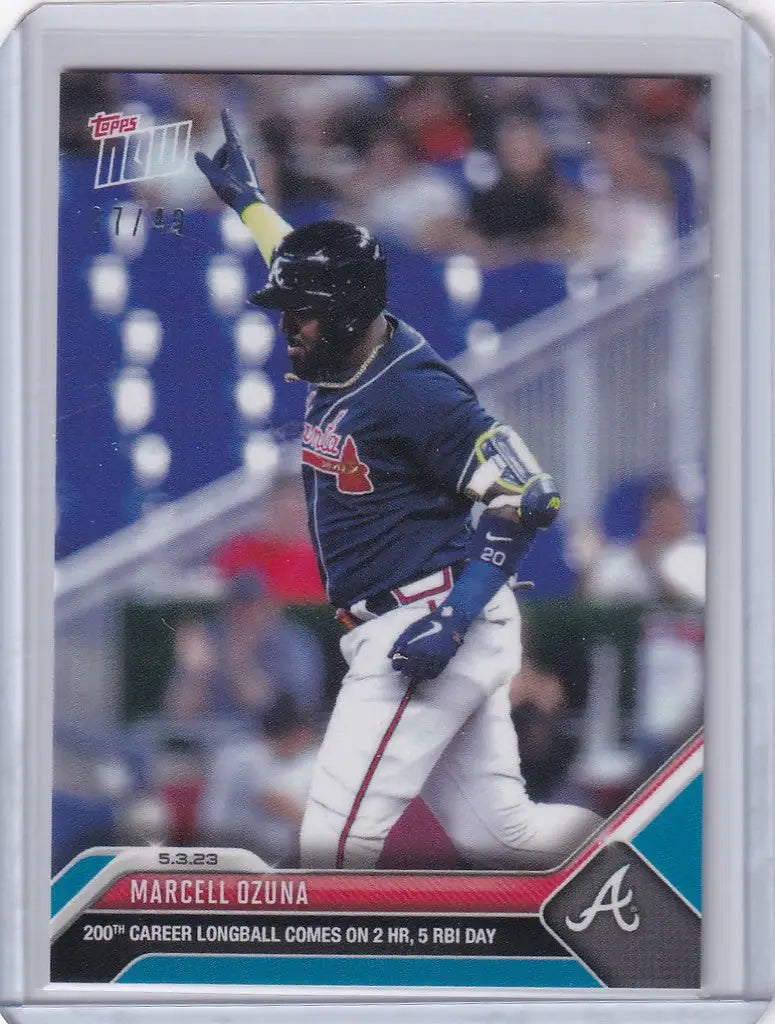 Baseball card of Marcell Ozuna, Atlanta Braves, in navy uniform at bat