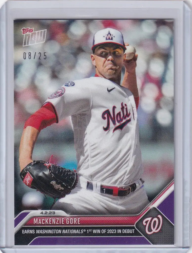 Baseball card of Mackenzie Gore mid-throw for Washington Nationals 2023 TOPPS NOW Parallel