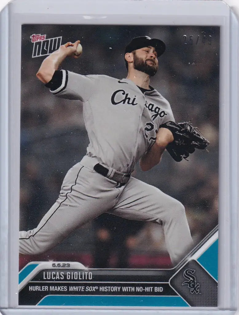 Baseball card of Lucas Giolito mid-throw for the Chicago White Sox 2023 Topps Now Parallel