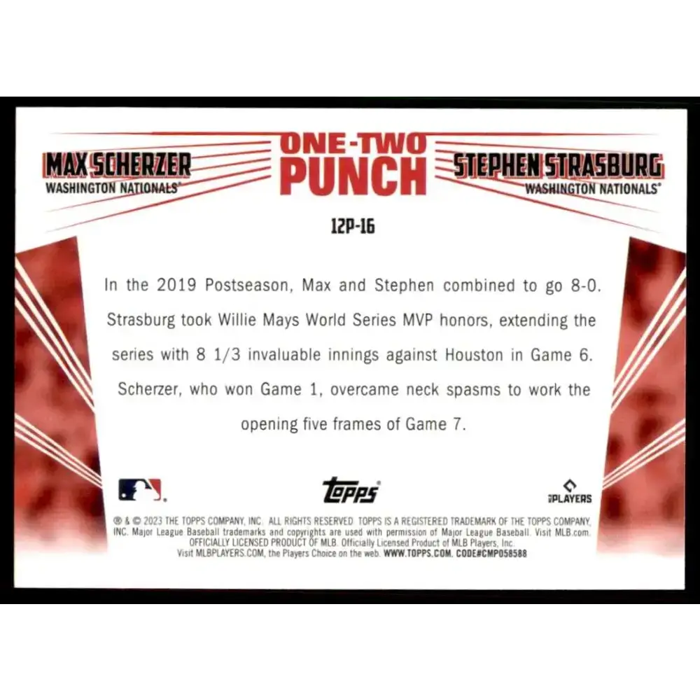 2023 Topps One-Two Punch #12P-16 Stephen Strasburg/Max Scherzer NM-MT Washington Nationals Baseball Card - Baseball