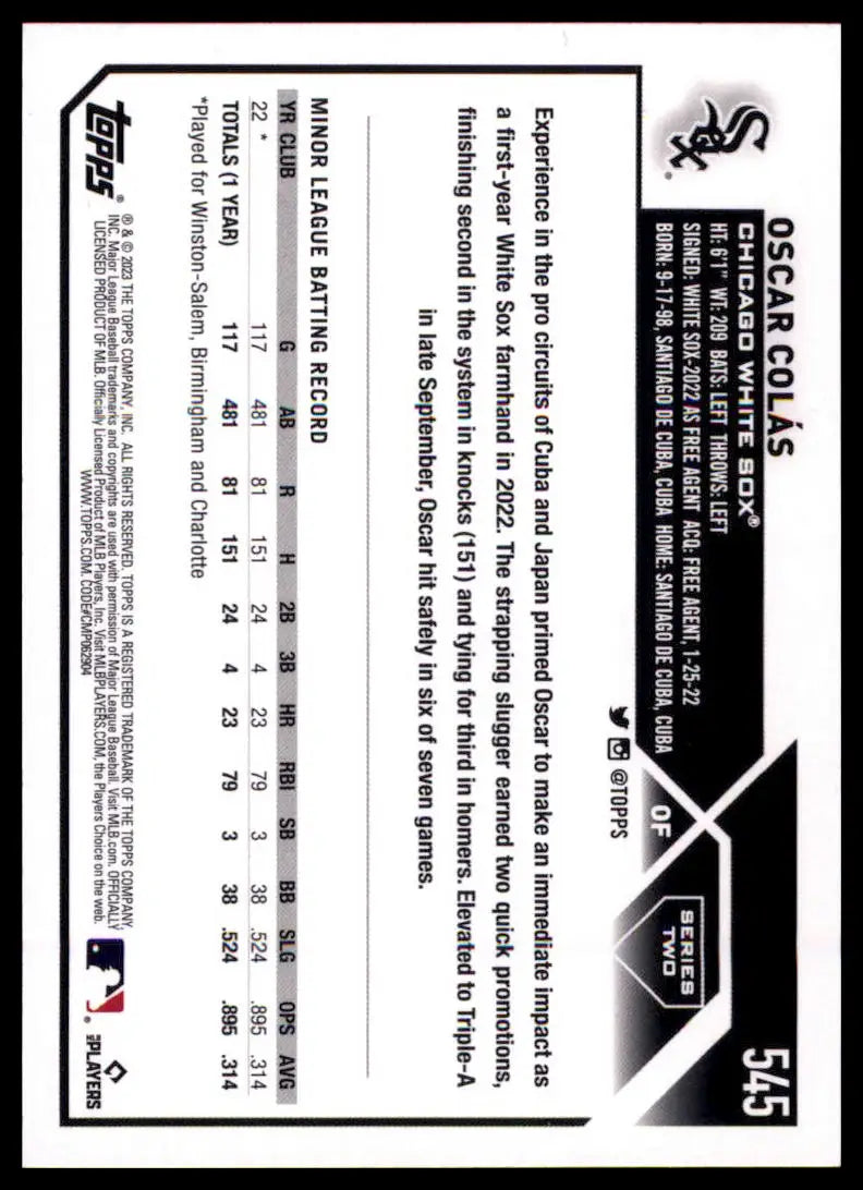 2023 Topps Oscar Colás RC 545 Chicago White Sox NM - Baseball Card Single