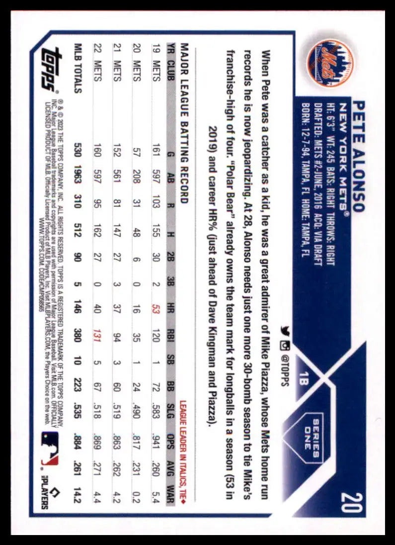 2023 Topps Pete Alonso 20 New York Mets Baseball NM - Baseball Card Single