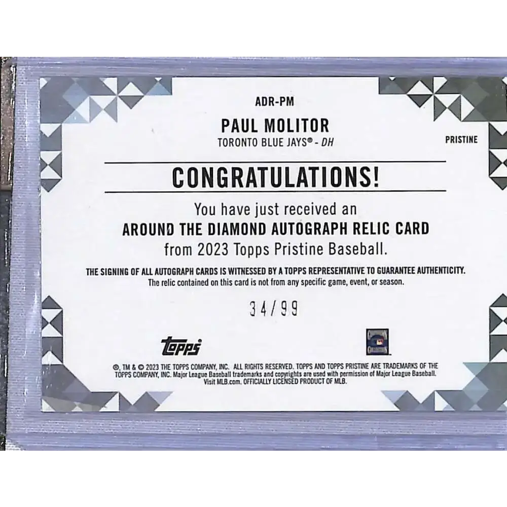 2023 Topps Pristine #ADR-PM Paul Molitor Around The Diamond Autograph Relic Pristine Refractor #/99 Baseball Card