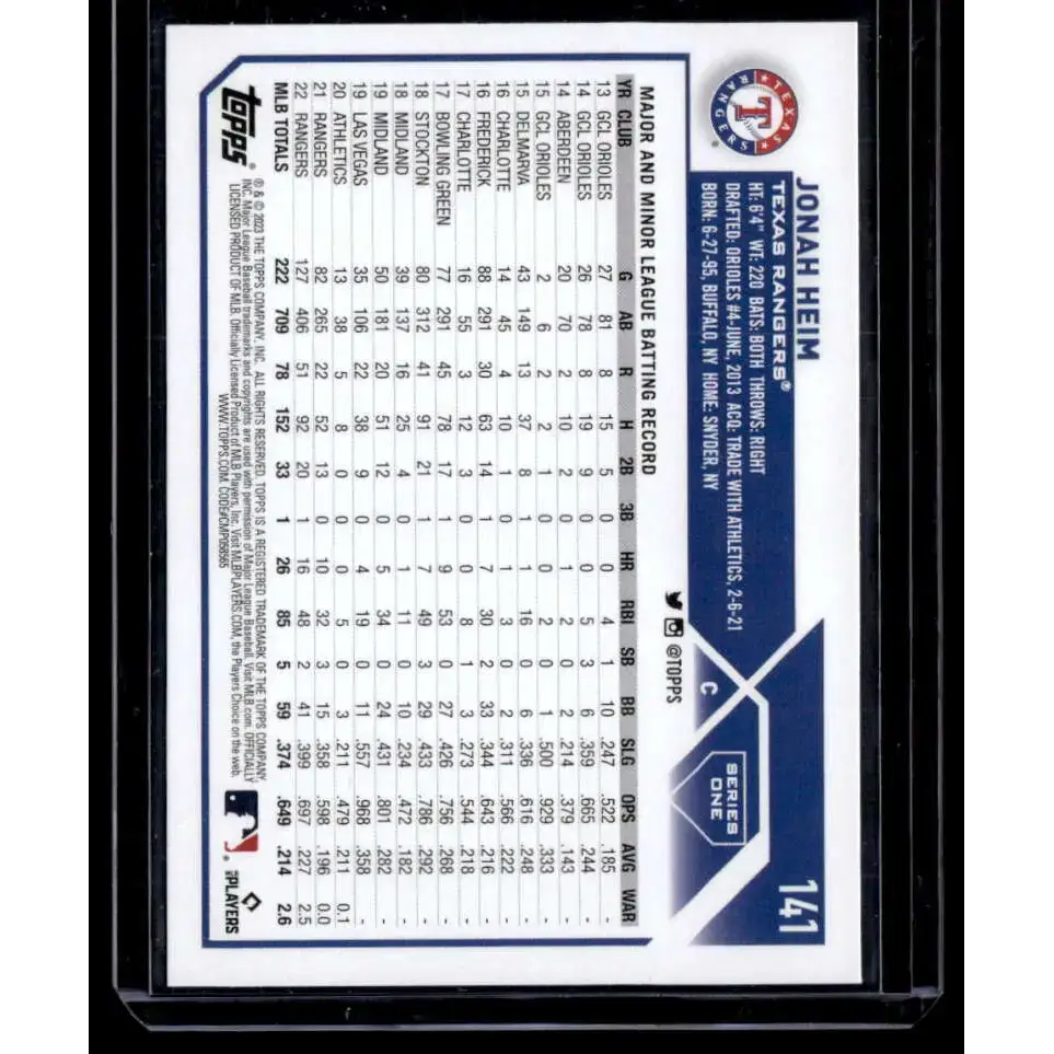 2023 Topps Royal Blue #141 Jonah Heim NM-MT Texas Rangers Baseball Card - Baseball Card Single