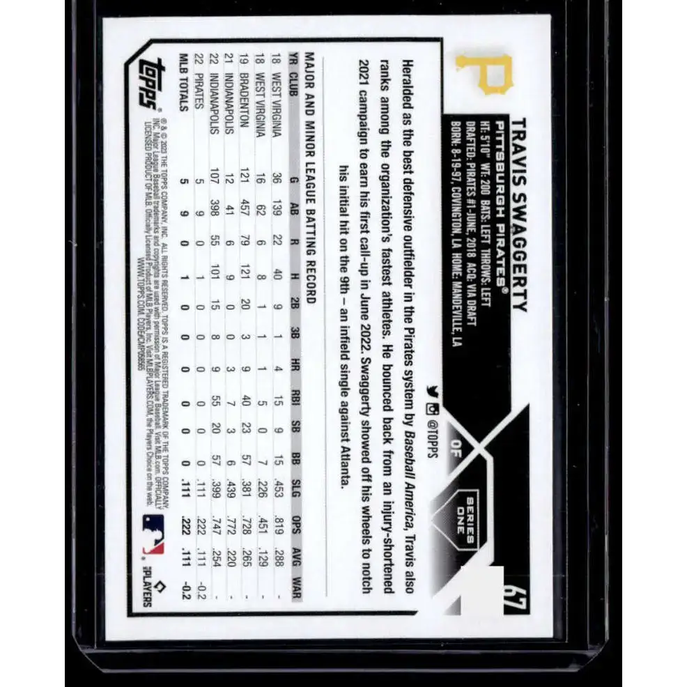 2023 Topps Royal Blue #67 Travis Swaggerty NM-MT RC Rookie Pittsburgh Pirates Baseball Card - Baseball Card Single