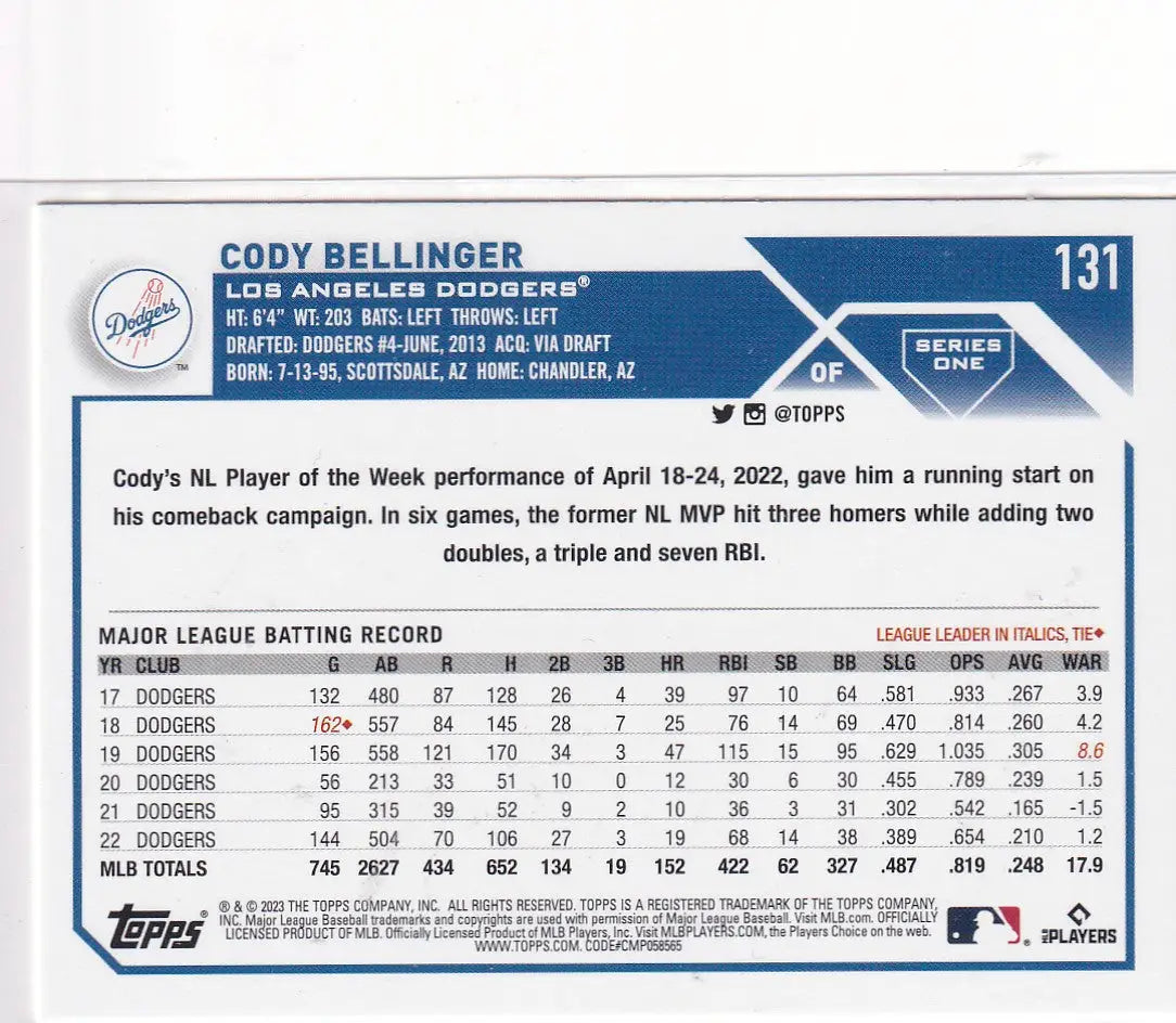 2023 TOPPS SERIES ONE #131 CODY BELLINGER- LOS ANGELES DODGERS - Baseball Card Single