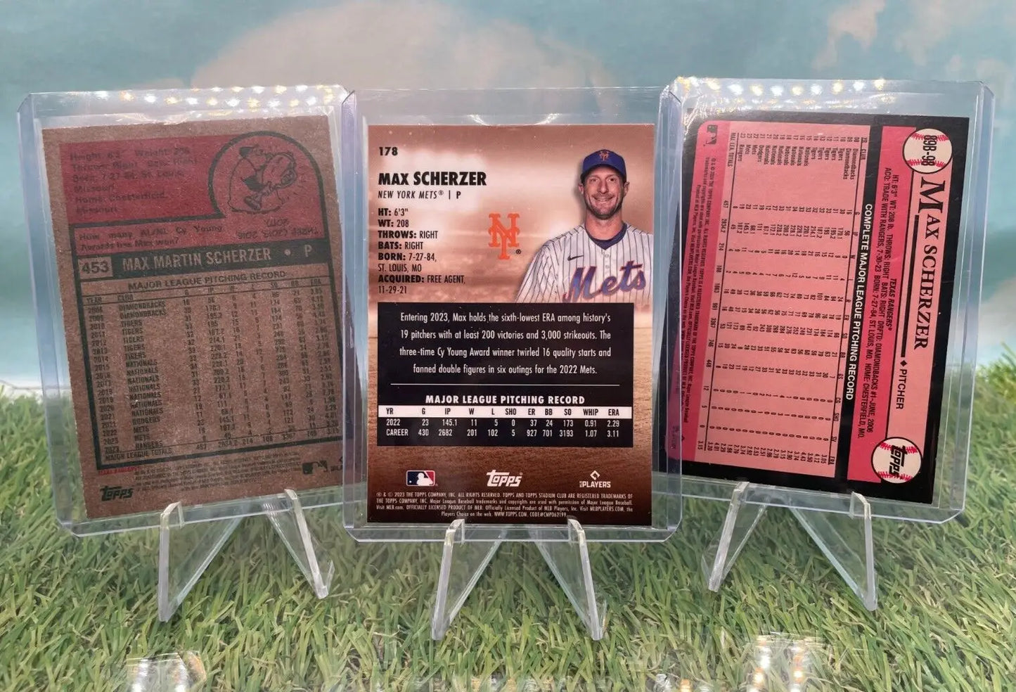 Three baseball cards in cases featuring Max Scherzer Topps Stadium Club Chrome Refractor