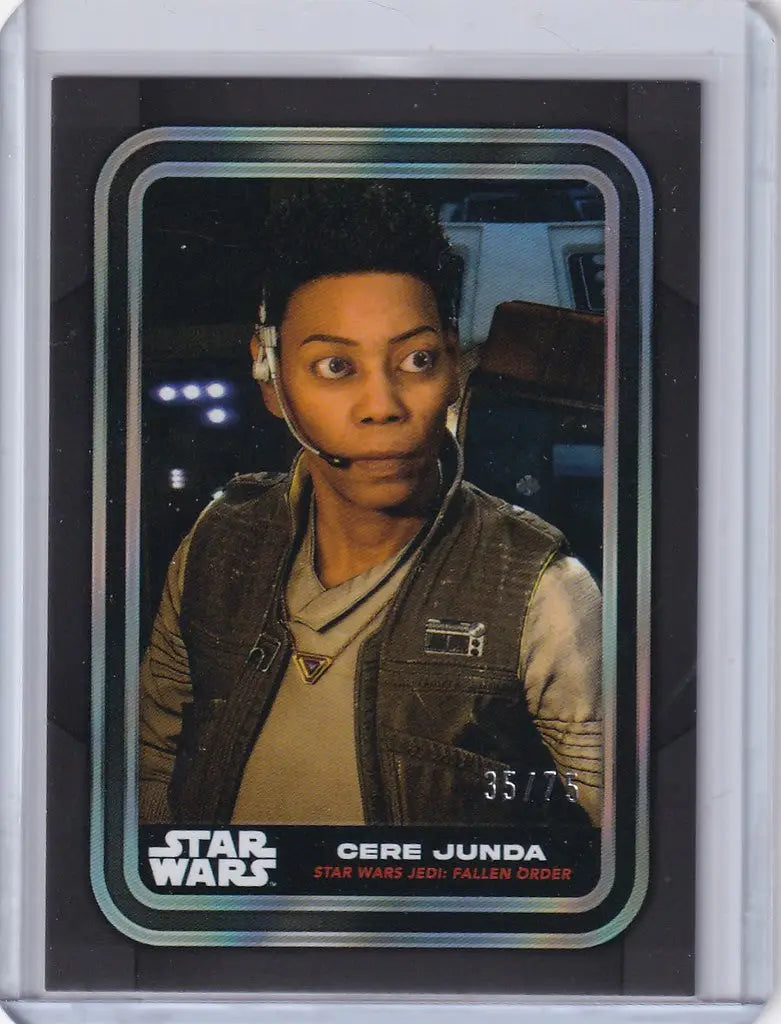 Trading card of Cere Junda in headset and vest from Topps Star Wars Flagship Black