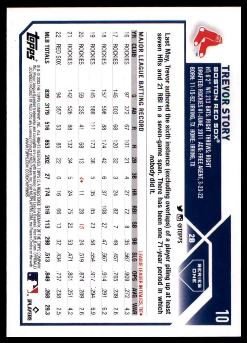 2023 Topps Trevor Story 10 Boston Red Sox Baseball NM - Baseball Card Single