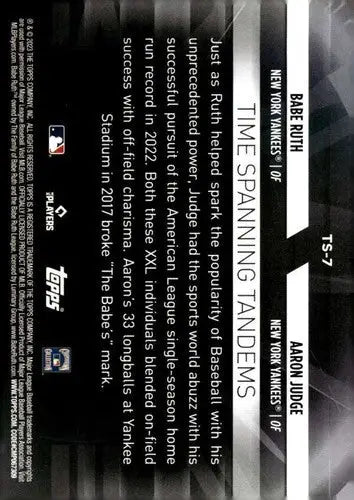 2023 Topps Update Series Time Spanning Tandems #TS-7 Aaron Judge/Babe R ID:66991 - Trading Cards