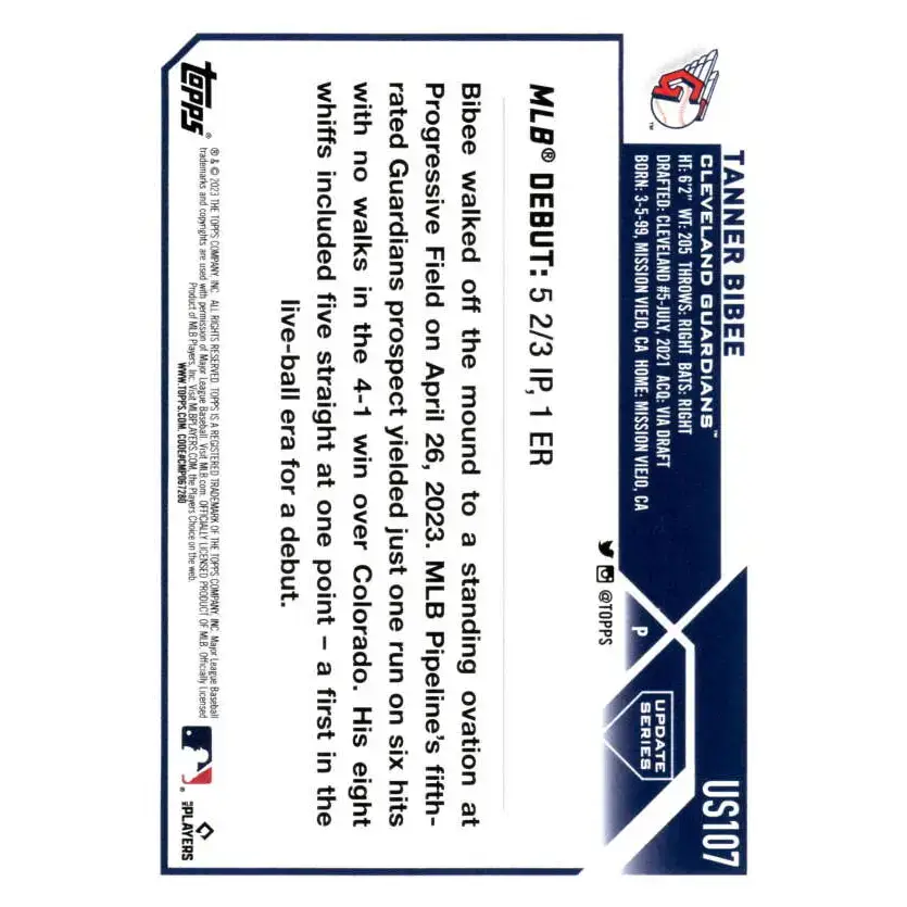 2023 Topps Update Series #US107 Tanner Bibee NM-MT Cleveland Guardians Baseball Card - Baseball Card