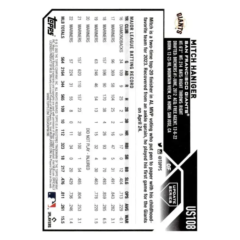 2023 Topps Update Series #US108 Mitch Haniger NM-MT San Francisco Giants Baseball Card - Baseball Card Single