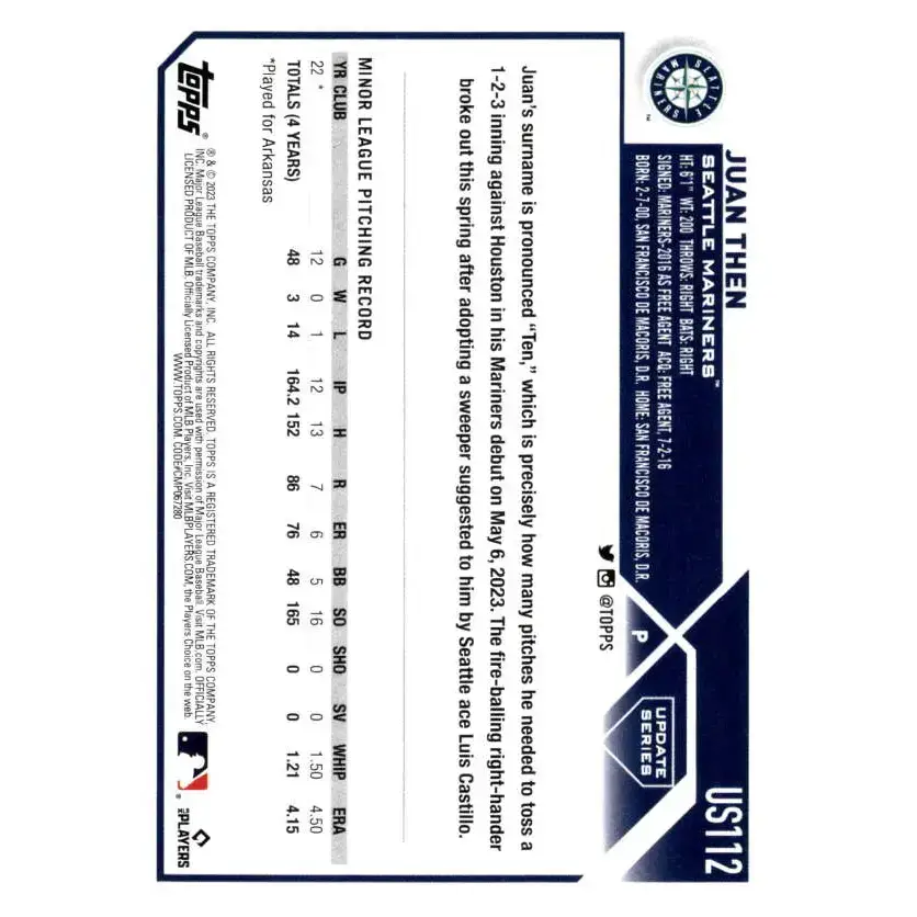 2023 Topps Update Series #US112 Juan Then NM-MT RC Rookie Seattle Mariners Baseball Card - Baseball Card Single