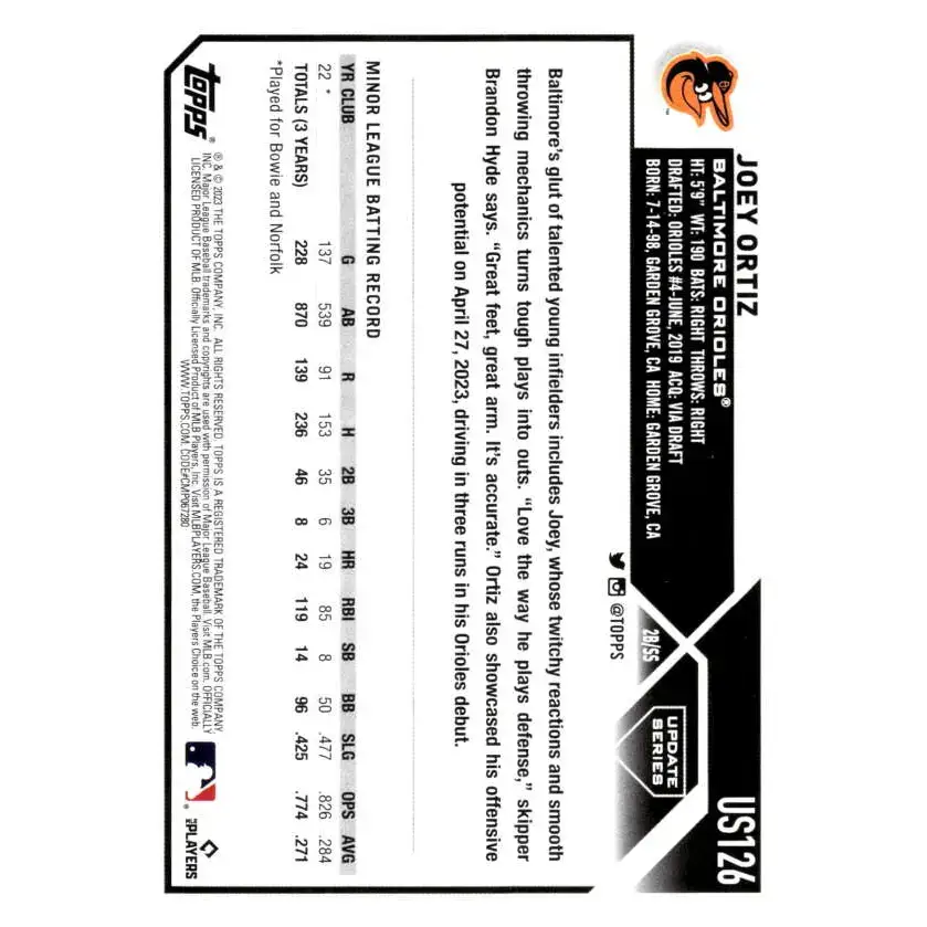2023 Topps Update Series #US126 Joey Ortiz NM-MT RC Rookie Baltimore Orioles Baseball Card - Baseball Card Single