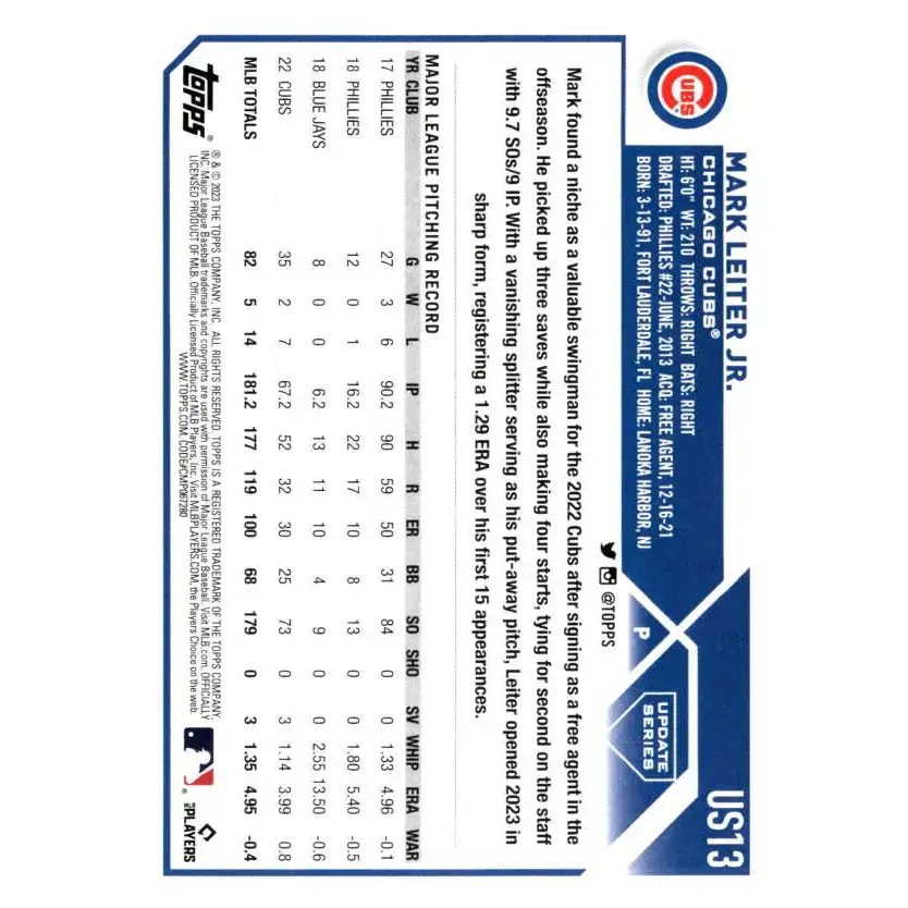 2023 Topps Update Series #US13 Mark Leiter Jr. NM-MT Chicago Cubs Baseball Card - Baseball Card