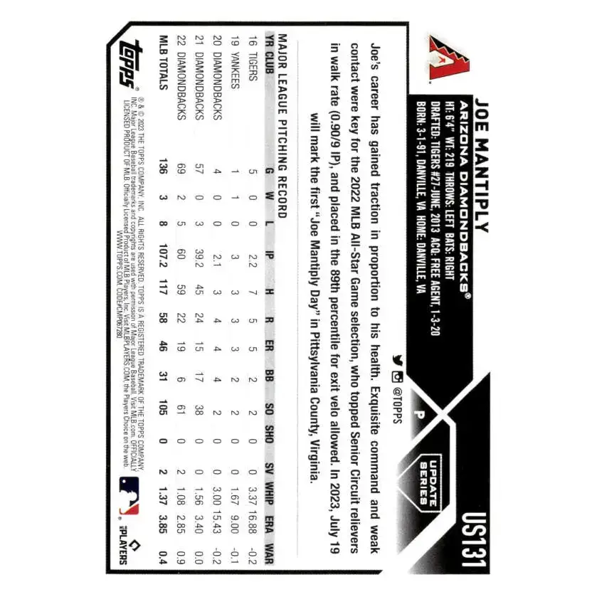 2023 Topps Update Series #US131 Joe Mantiply NM-MT Arizona Diamondbacks Baseball Card - Baseball Card Single