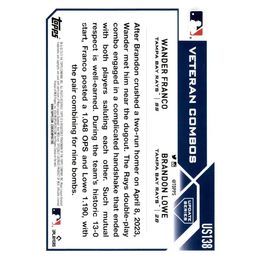 2023 Topps Update Series #US138 Wander Franco/Brandon Lowe NM-MT Tampa Bay Rays Baseball Card - Baseball Card Single