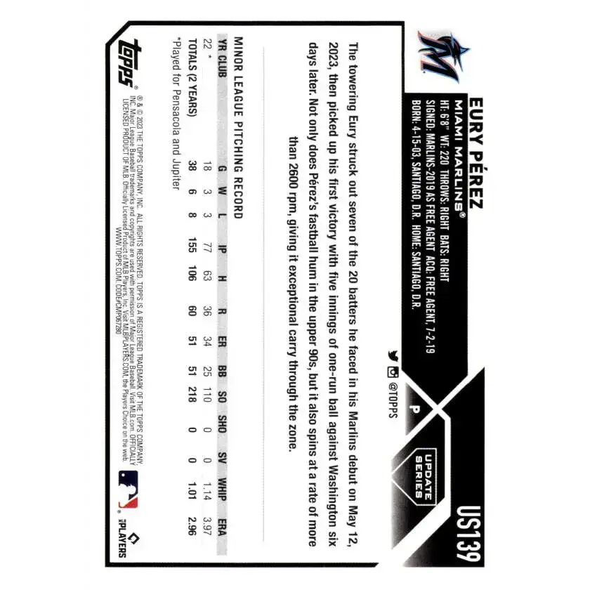 2023 Topps Update Series #US139 Eury Perez NM-MT RC Rookie Miami Marlins Baseball Card - Baseball Card Single