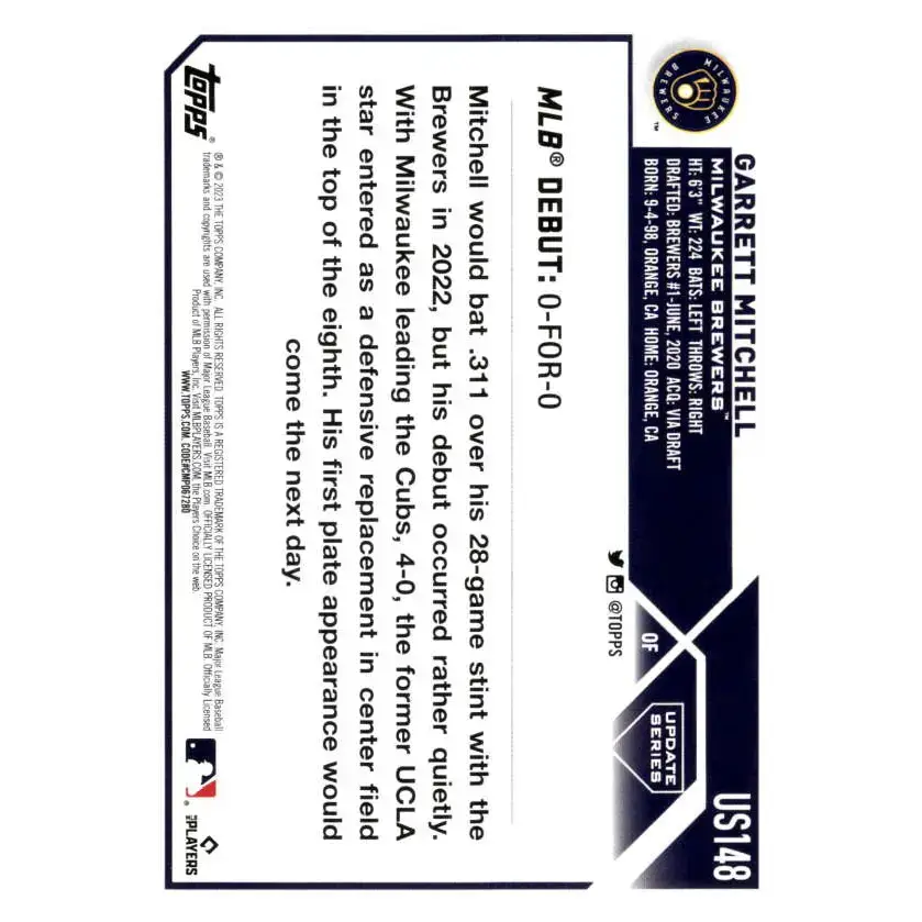 2023 Topps Update Series #US148 Garrett Mitchell NM-MT Milwaukee Brewers Baseball Card - Baseball Card Single