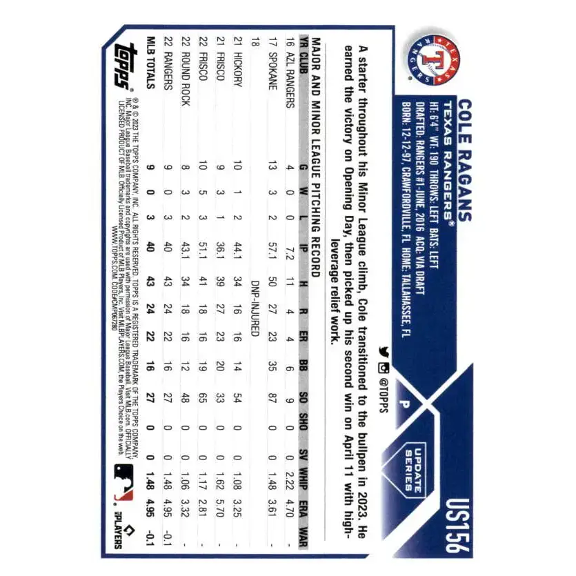 2023 Topps Update Series #US156 Cole Ragans NM-MT RC Rookie Texas Rangers Baseball Card - Baseball Card Single