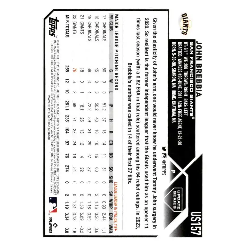 2023 Topps Update Series #US157 John Brebbia NM-MT San Francisco Giants Baseball Card - Baseball Card Single