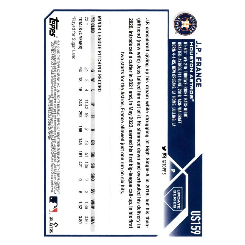 2023 Topps Update Series #US159 J.P. France NM-MT RC Rookie Houston Astros Baseball Card - Baseball Card