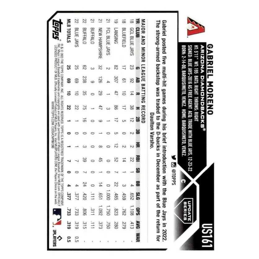 2023 Topps Update Series #US161 Gabriel Moreno NM-MT RC Rookie Arizona Diamondbacks Baseball Card - Baseball Card Single