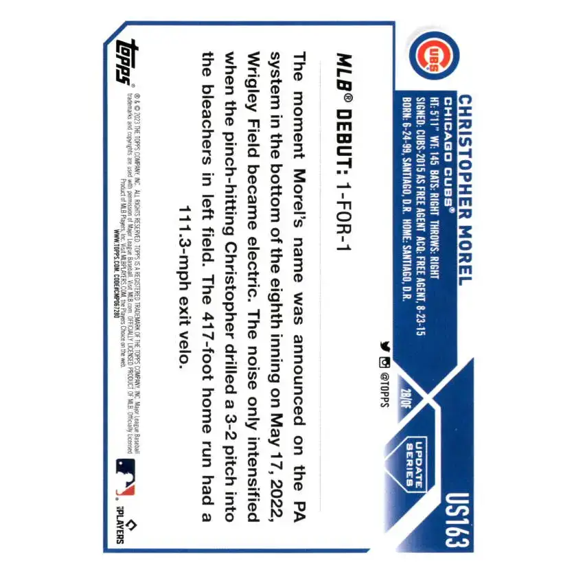 2023 Topps Update Series #US163 Christopher Morel NM-MT Chicago Cubs Baseball Card - Baseball Card Single