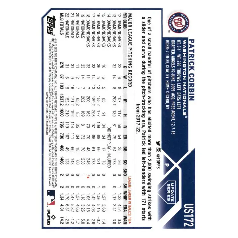 2023 Topps Update Series #US172 Patrick Corbin NM-MT Washington Nationals Baseball Card - Baseball Card Single