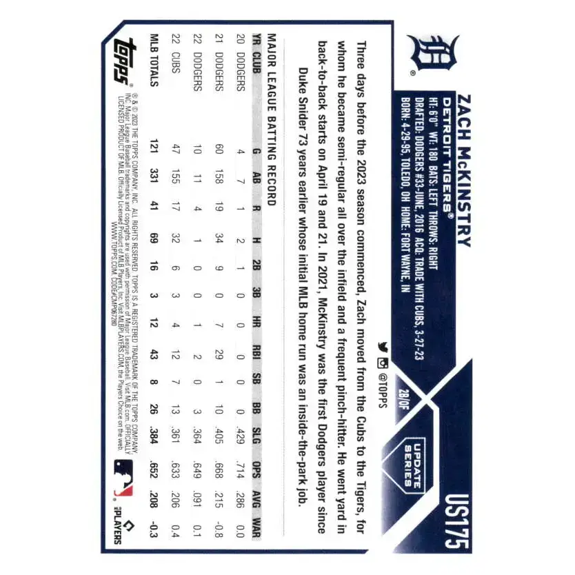 2023 Topps Update Series #US175 Zach McKinstry NM-MT Detroit Tigers Baseball Card - Baseball Card